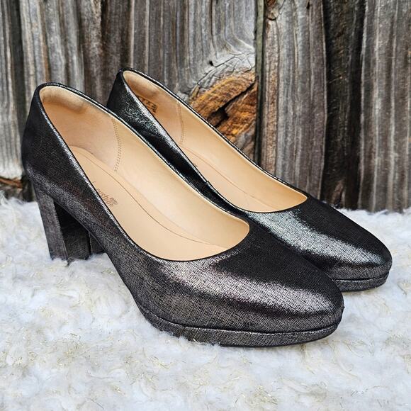 Brown Leather Pumps Clarks Kelda Hope Size 7 Mini Platform Wet Look Heels - Picture 1 of 13